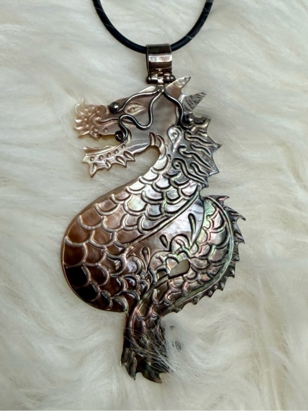 Vintage Abalone Shell Oxidized Metal Dragon Pendant